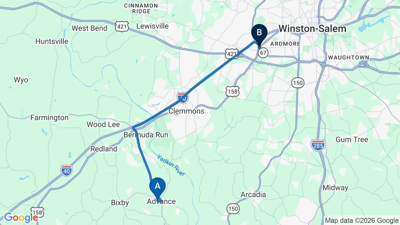 Driving directions map from Advance, NC to Camel City Chiropractic in Winston-Salem