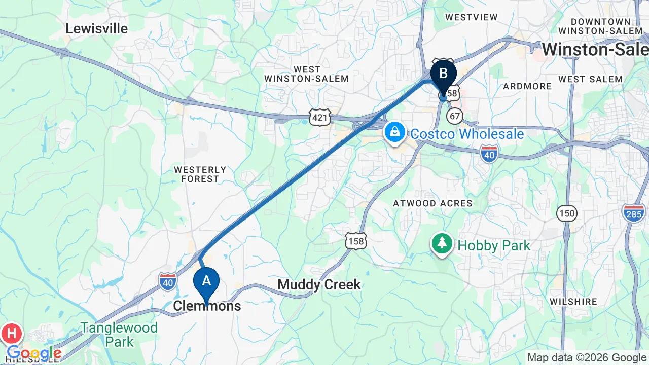 Driving directions map from Clemmons, NC to Camel City Chiropractic in Winston-Salem