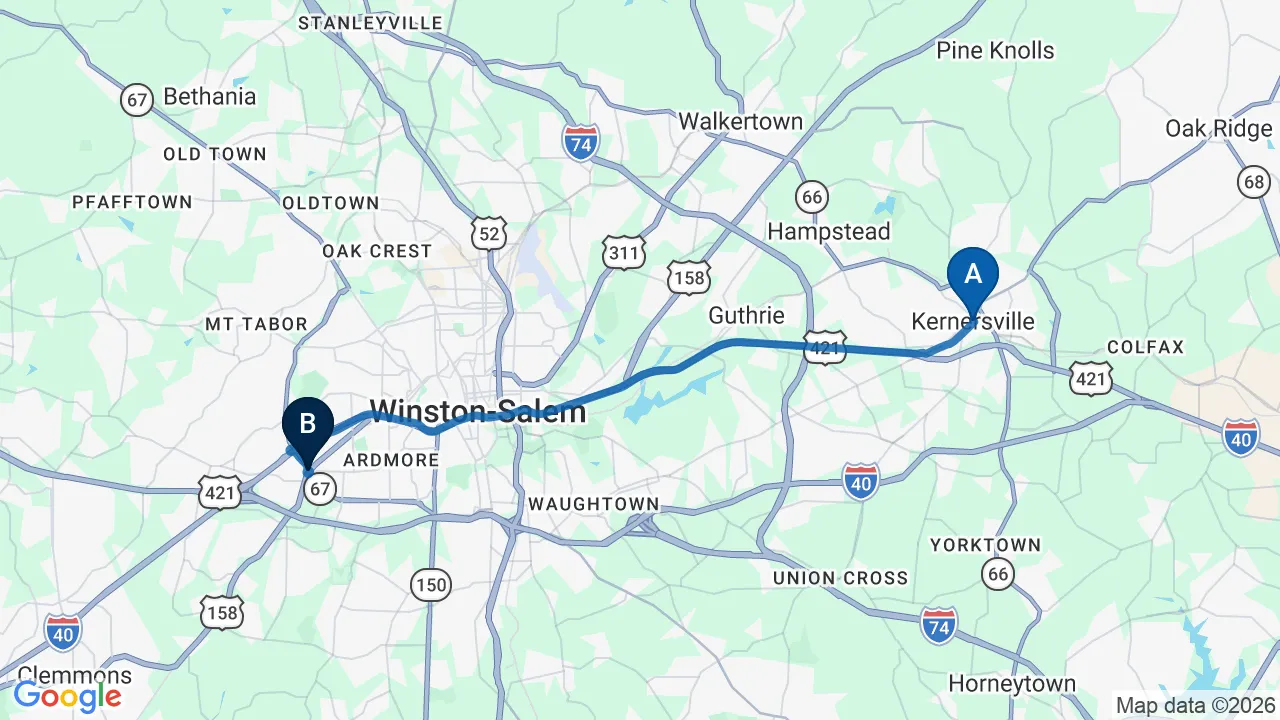 Driving directions map from Kernersville, NC to Camel City Chiropractic in Winston-Salem