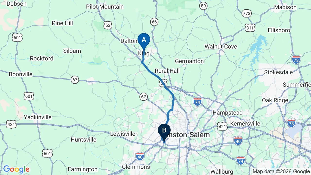 Driving directions map from King, NC to Camel City Chiropractic in Winston-Salem