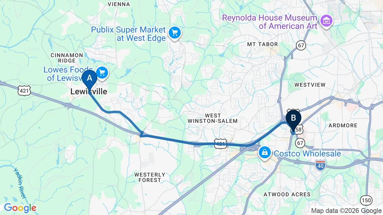 Driving directions map from Lewisville, NC to Camel City Chiropractic in Winston-Salem