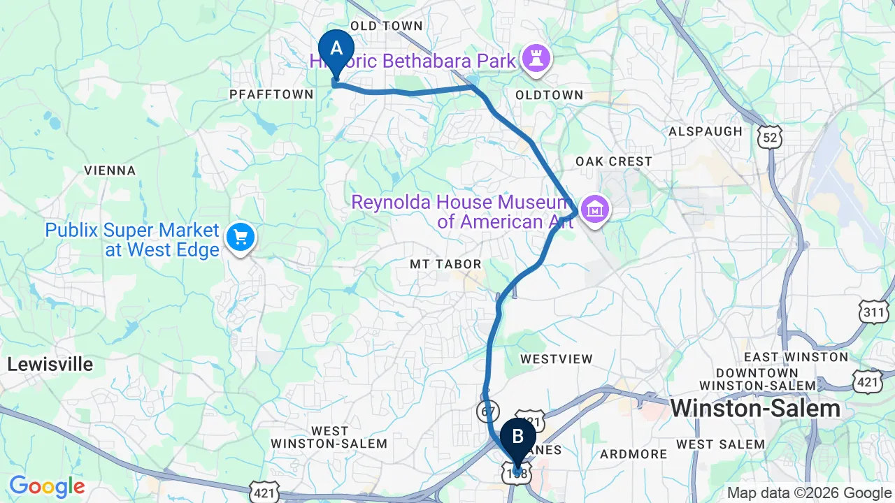 Driving directions map from Pfafftown, NC to Camel City Chiropractic in Winston-Salem